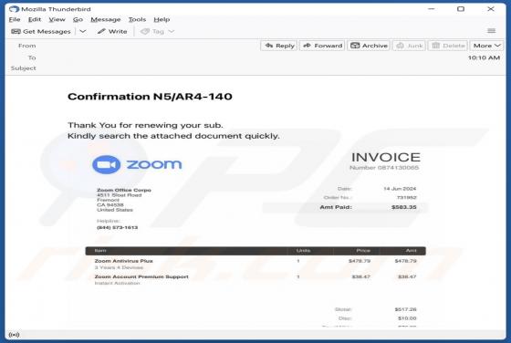 Estafa por correo electrónico Zoom Antivirus Plus Subscription