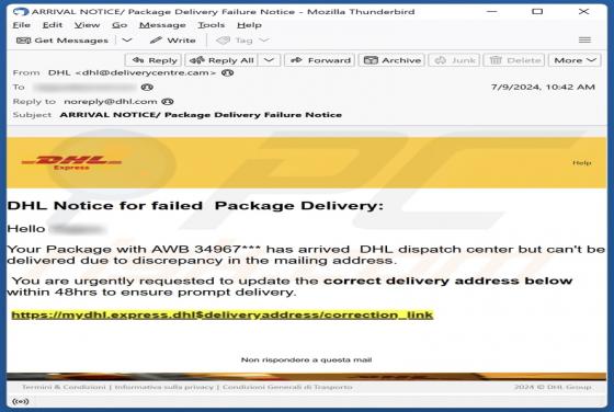 Estafa por correo electrónico DHL - Notice For Failed Package Delivery