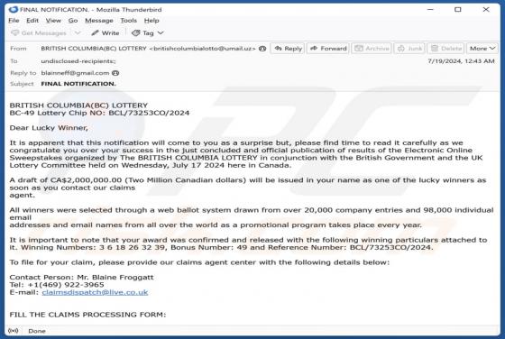 Estafa por correo electrónico British Columbia Lottery