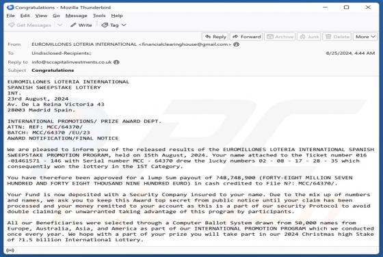 Estafa por correo electrónico EUROMILLONES LOTERIA INTERNATIONAL