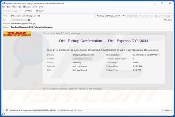 Estafa por correo electrónico DHL Pickup Confirmation