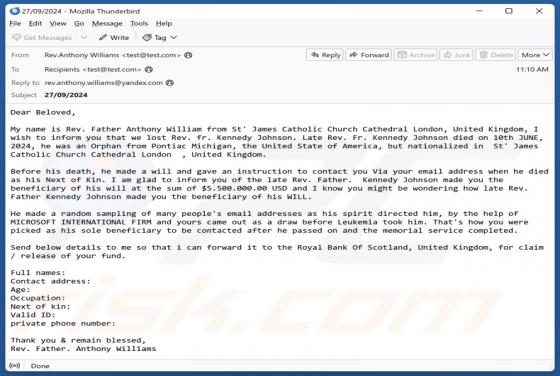 Estafa por correo electrónico Beneficiary Of Will
