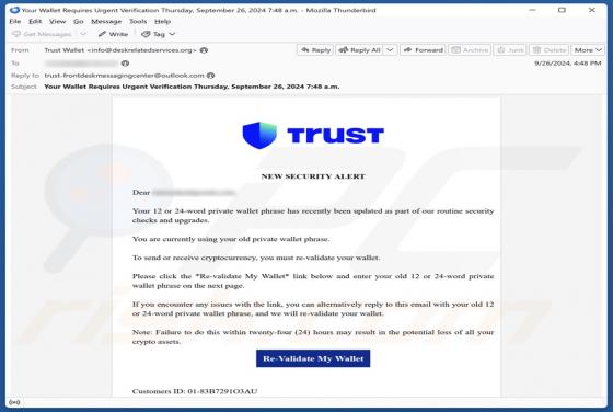 Estafa por correo electrónico Trust Wallet - New Security Alert