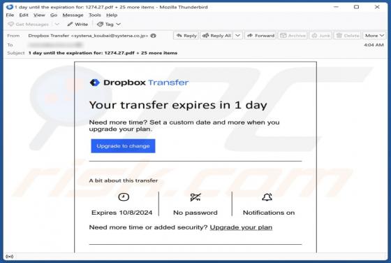 Estafa por correo electrónico Dropbox - Your Transfer Expires