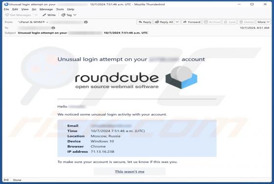 Estafa por correo electrónico Roundcube - Unusual Login Attempt