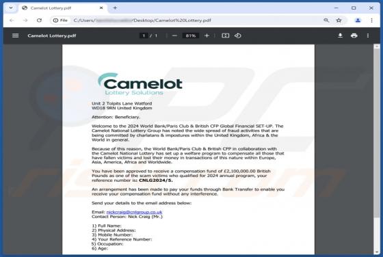 Estafa por correo electrónico Camelot Lottery Solutions