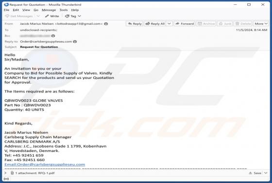 Estafa por correo electrónico Carlsberg Supply Quotation