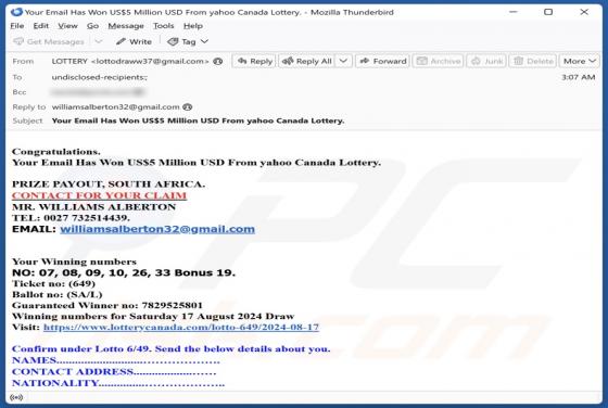 Estafa por correo electrónico Yahoo Canada Lottery