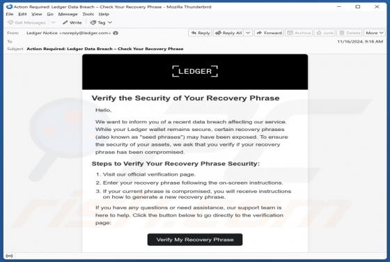 Estafa por correo electrónico Ledger Recovery Phrase Verification