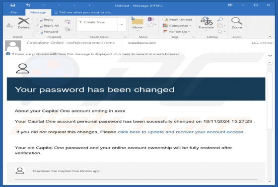 Estafa por correo electrónico Capital One - Your Password Has Been Changed