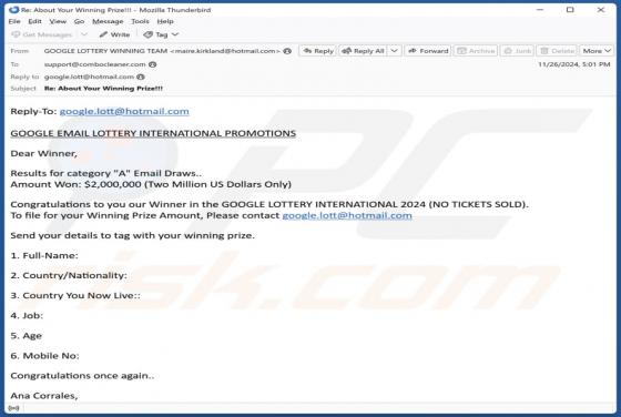 Google Email Lottery International Promotions Estafa