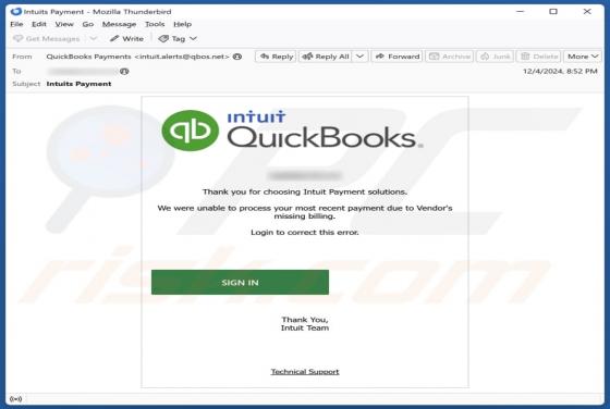 Estafa por correo electrónico Intuit QuickBooks - Unable To Process Payment