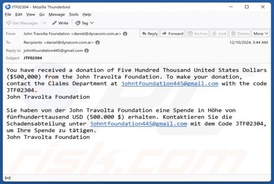 Estafa por correo electrónico John Travolta Foundation