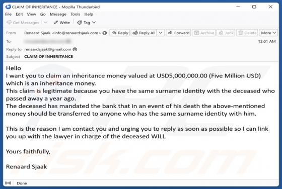 Estafa por correo electrónico Claim Inheritance Money