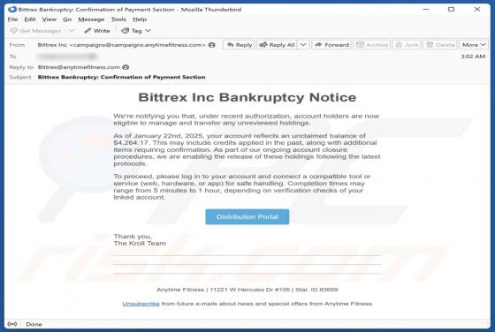 Estafa por correo electrónico Bittrex Inc Bankruptcy Notice