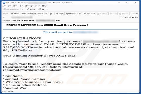 Estafa por correo electrónico PROTON LOTTERY