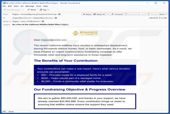 Estafa por correo electrónico Binance Charity - California Wildfires Fundraiser