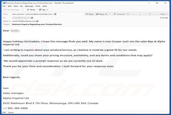 Estafa por correo electrónico Inquire About Your Product/Service