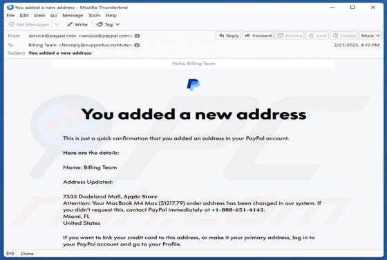 Estafa por correo electrónico PayPal - You Added A New Address