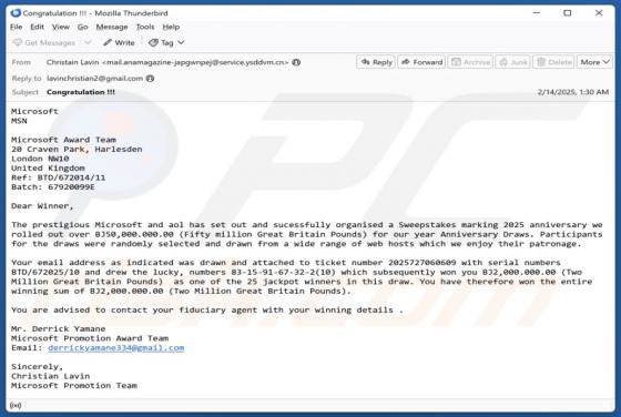 Estafa por correo electrónico Microsoft And AOL Sweepstakes