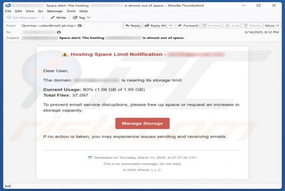 Estafa por correo electrónico Hosting Space Limit Notification