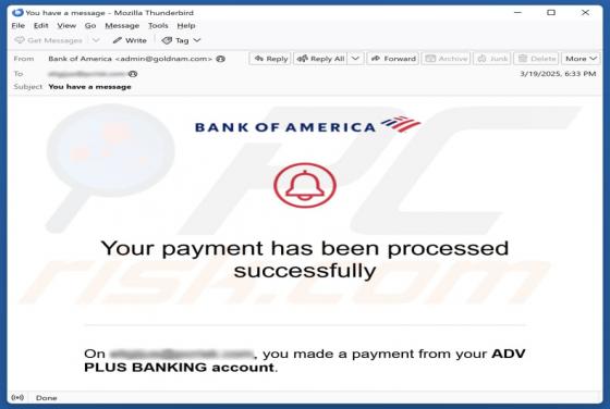 Estafa por correo electrónico Bank Of America - Payment Processed Successfully