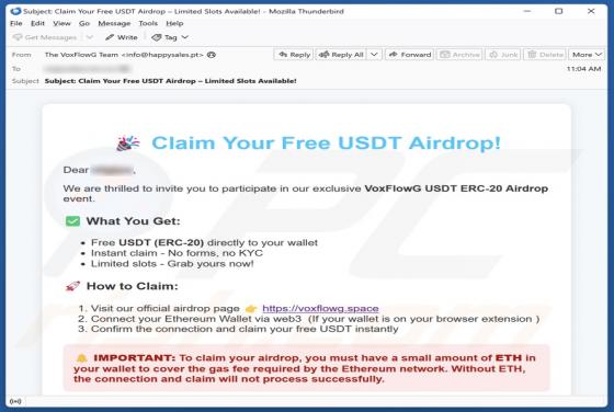 Estafa por correo electrónico VoxFlowG USDT Airdrop