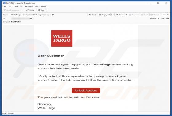 Estafa por correo electrónico Wells Fargo - Account Suspended