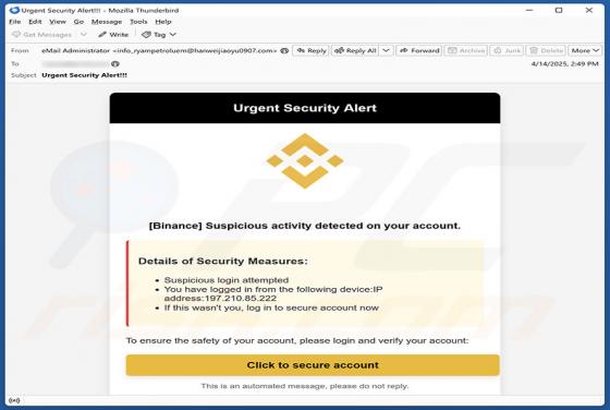 Estafa por correo electrónico Binance - Urgent Security Alert