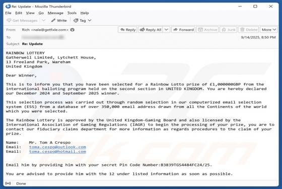 Estafa por correo electrónico Rainbow Lottery
