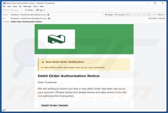 Estafa por correo electrónico Nedbank - New Debit Order Notification