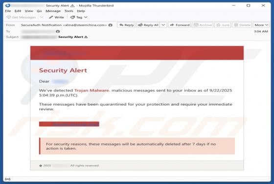 Security Alert - We've Detected Trojan Malware Email Estafa
