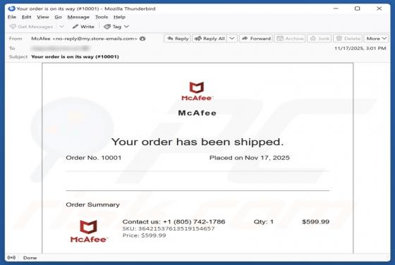 McAfee - Your Order Has Been Shipped Email Estafa