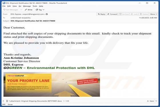 DHL - Soft Copies Of Your Shipping Documents Email Virus