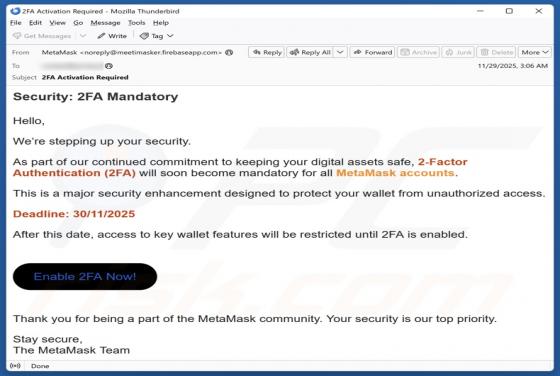 Estafa por correo electrónico "MetaMask 2FA Activation"