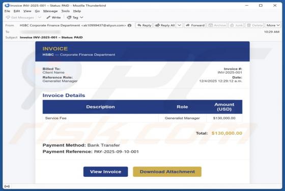 Estafa por correo electrónico "HSBC - Invoice Details"