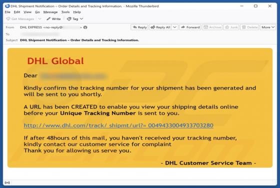 Estafa por correo electrónico DHL Global - Shipment Tracking Number