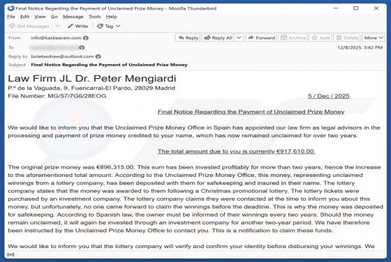 Estafa por correo electrónico Unclaimed Prize Money