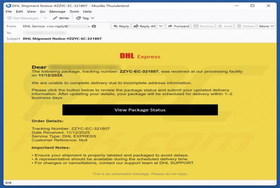 Estafa por correo electrónico "DHL Express - Incomplete Address Information"