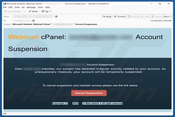 Estafa por correo electrónico "cPanel Account Suspension"