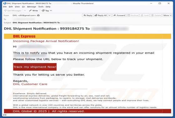 Estafa por correo electrónico "DHL Express - Incoming Package Arrival Notification"