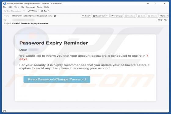 Estafa por correo electrónico "Password Expiry Reminder"