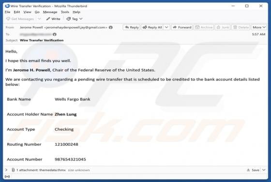 Estafa por correo electrónico "Wells Fargo - Pending Wire Transfer"