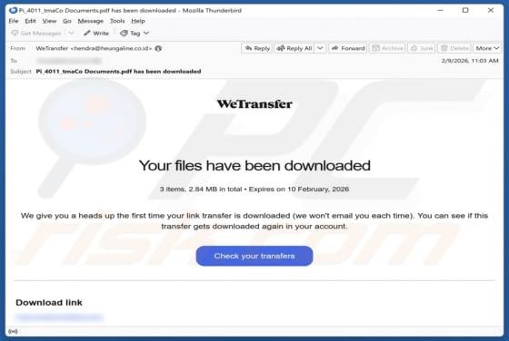 Estafa por correo electrónico "WeTransfer - Your Files Have Been Downloaded"
