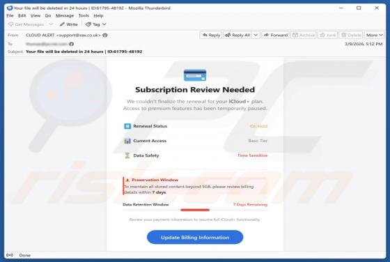 Estafa por correo electrónico "iCloud Subscription Review Needed"