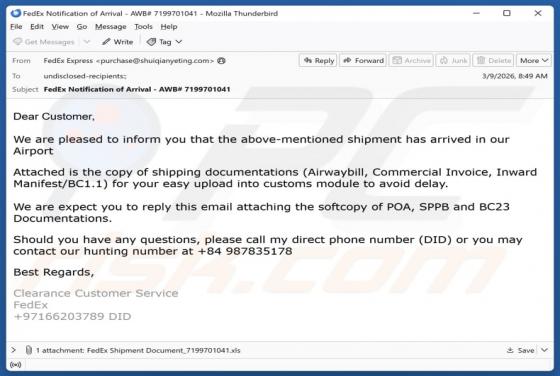 Estafa por correo electrónico "FedEx - Shipment Has Arrived In Our Airport"
