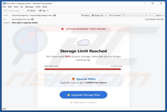 Estafa por correo electrónico "Storage Limit Reached"