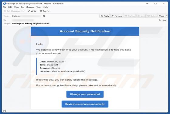 Estafa por correo electrónico "Account Security Notification"