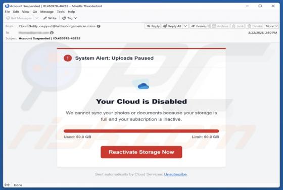 Estafa por correo electrónico "Your Cloud Is Disabled"