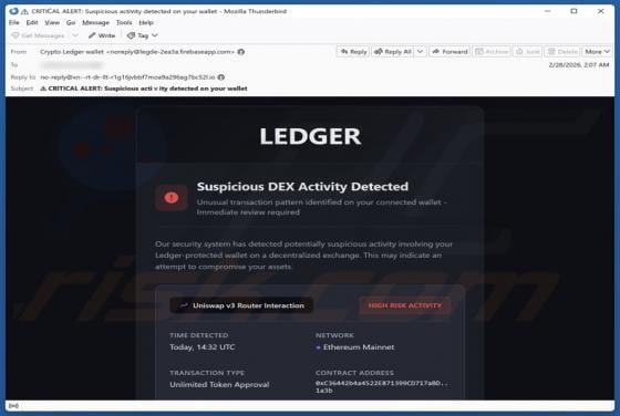Estafa por correo electrónico "Ledger - Suspicious DEX Activity Detected"